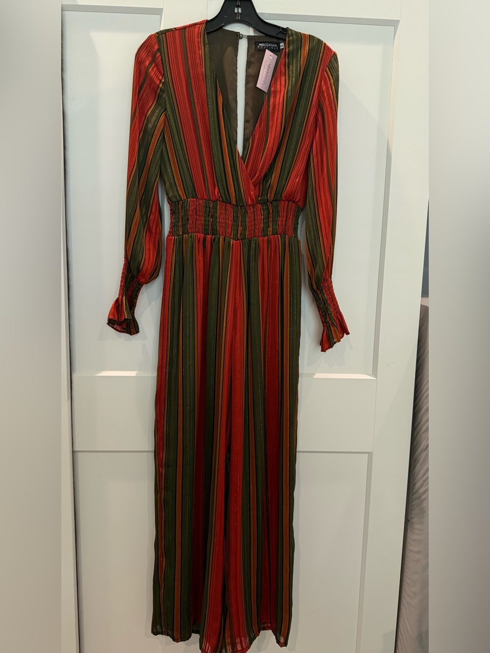 Striped Long Sleeve Wide-Leg Jumpsuit in shimmer Red and Green - Picture 2 of 4